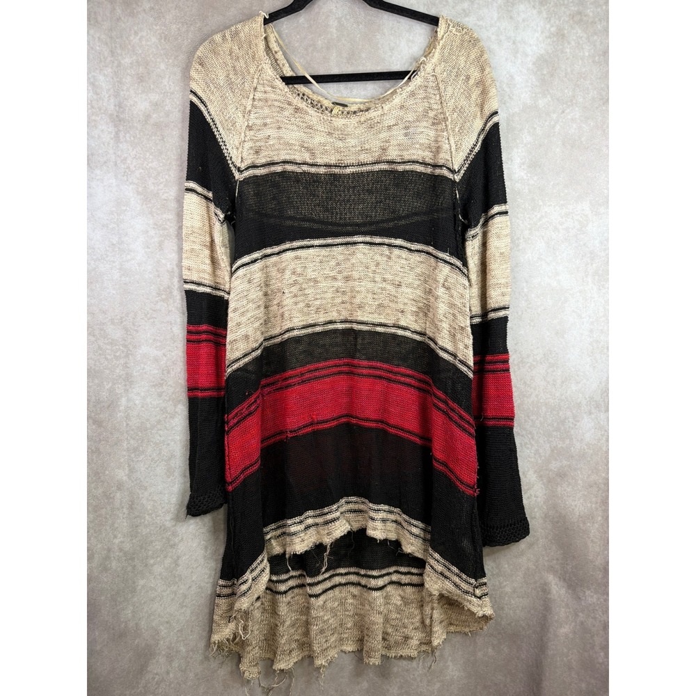 Free People Tunic Sweater Womens Large MultiColor Striped Distressed Boho Grunge